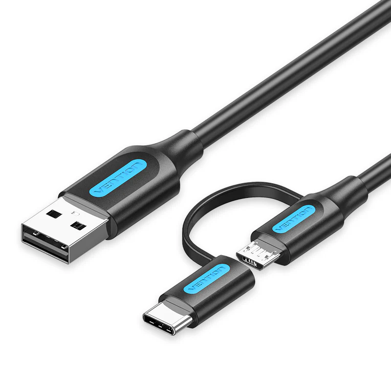 Vention USB 2.0 A Male to 2-in-1 Micro-B&USB-C Male 3A Cable 0.5M Gray Aluminum Alloy Tуре