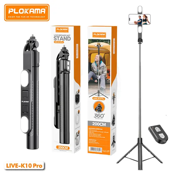 PLOKAMA K10 PRO/P9 PRO LIVE LED Selfie Stick Portable Tripod 200cm 3 in 1 Bluetooth Remote - LIVE BROADCAST STAND l LIVE-K10 LED l 6.5Fit l Interface + camera I interface + Ring light Fill Light Color: Cold light, Warm light, Natural light