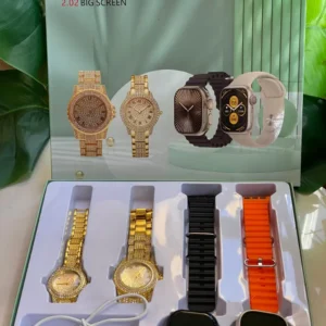 AT100 COUPLES SMART WATCH ,2 Smart watches,2 analogue watches, Pocket Mirror, Charger Features: ▪️Sports Functions: walking, Cycling, Running, jogging ▪️Message/call/other