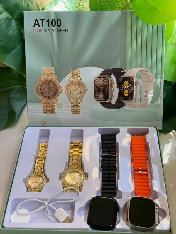 AT100 COUPLES SMART WATCH ,2 Smart watches,2 analogue watches, Pocket Mirror, Charger Features: ▪️Sports Functions: walking, Cycling, Running, jogging ▪️Message/call/other