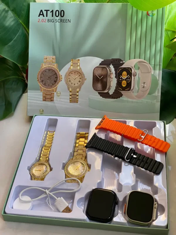 AT100 COUPLES SMART WATCH ,2 Smart watches,2 analogue watches, Pocket Mirror, Charger Features: ▪️Sports Functions: walking, Cycling, Running, jogging ▪️Message/call/other - Image 2