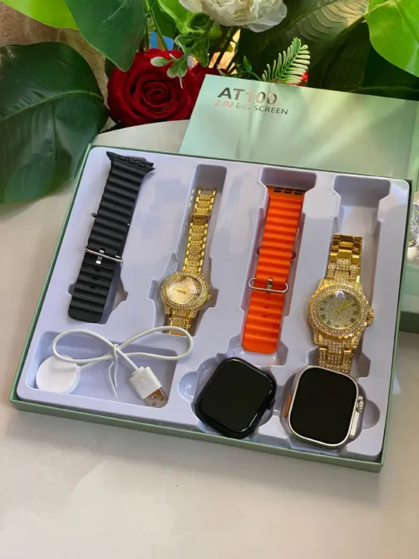 AT100 COUPLES SMART WATCH ,2 Smart watches,2 analogue watches, Pocket Mirror, Charger Features: ▪️Sports Functions: walking, Cycling, Running, jogging ▪️Message/call/other - Image 3