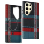 Samsung Galaxy S23 cover, Ultra Magnetic Case Carbon Fiber Texture Water-Transfer PC Phone Cover - Red+Blue Checkered Pattern