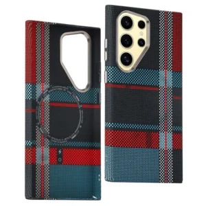 Samsung Galaxy S23 cover, Ultra Magnetic Case Carbon Fiber Texture Water-Transfer PC Phone Cover - Red+Blue Checkered Pattern