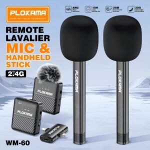 Plokama WM-60 Wireless Dual Microphone with Handheld Stick for Android & iPhone